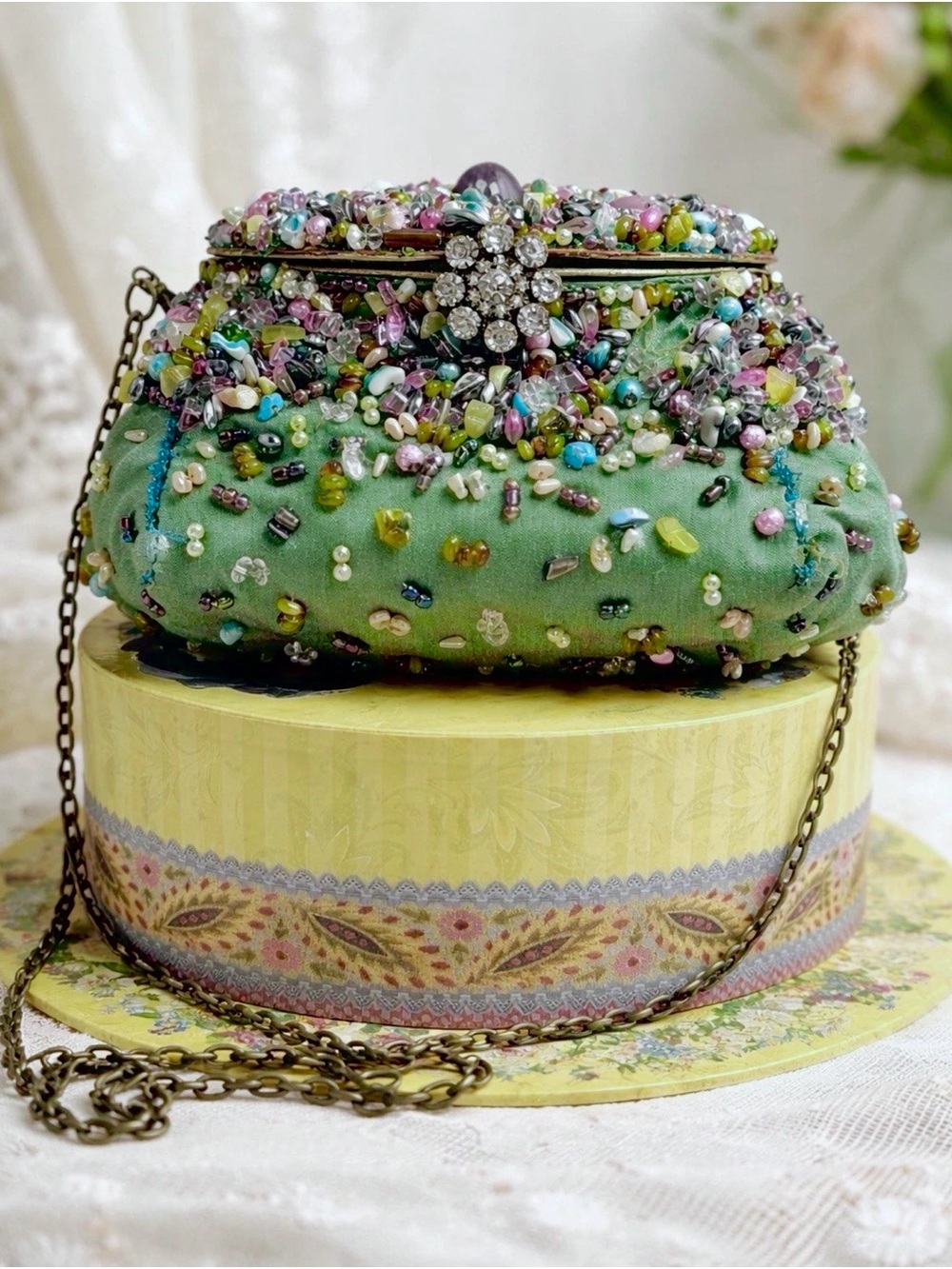Mary Frances Beaded Purse Sage Green with Pastel Accents, GUC Vintage